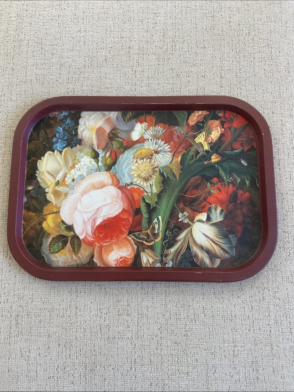 Mid-Century Floral Metal Serving Tray Dutch Still Life Toleware 15.5” x 11”